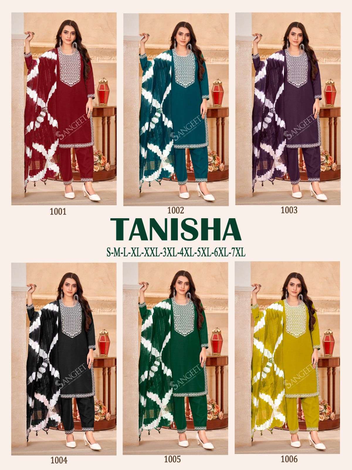 TANISHA VISCOSE RAYON WHITE EMBROIDERY SEQUENCE WORK KURTI WITH PANT AND CORONA SHADED DUPATTA BY SANGEET BRAND INDEX